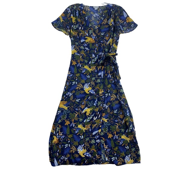 2/$30 J Crew Factory Wrap Dress 0 Navy Blue Cheetah Jungle Novelty Print Satin - Picture 4 of 13